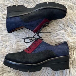 Pas De Rouge Blue Black Color Block Lace Up Heeled Oxford Loafer Shoes EUC 37.5